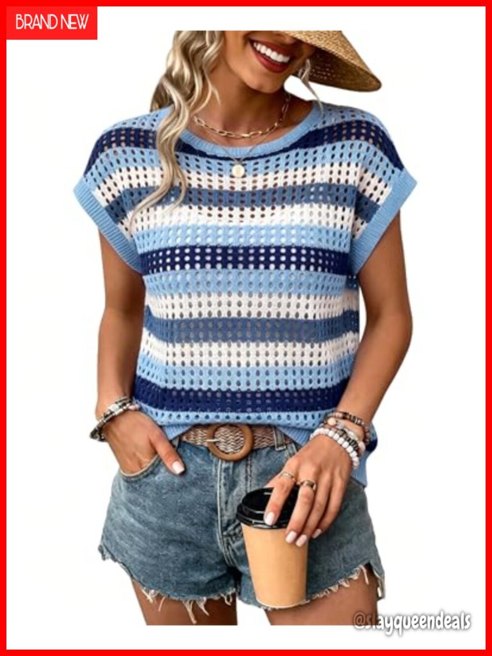 Women's Crochet Pullover Sweater Boho Color Block Hollow Out Cap Sleeve Summer